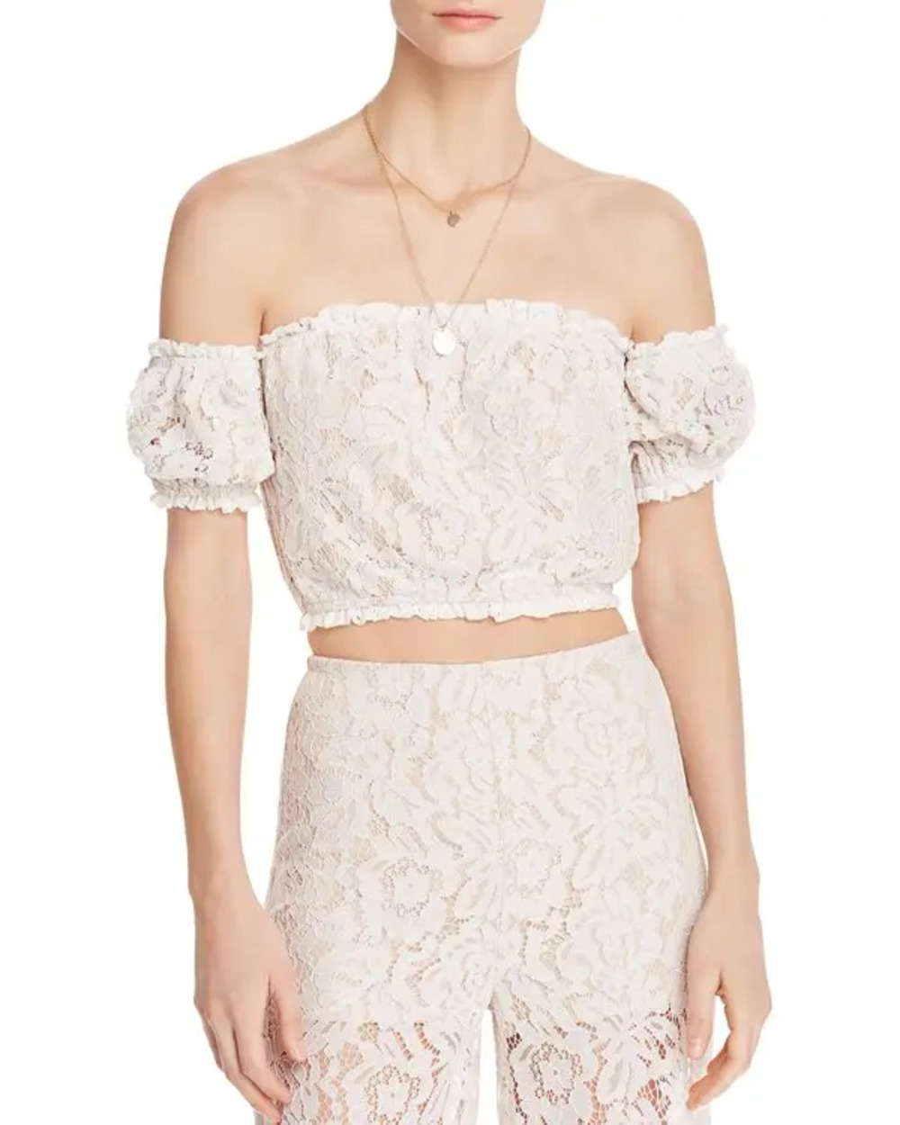 Aqua White Lace Smocked Crop Top with Ruffles